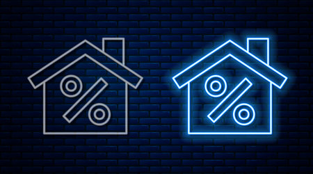 Glowing neon line House with percant discount tag icon isolated on brick wall background. Real estate home. Credit percentage symbol. Vectorのイラスト素材