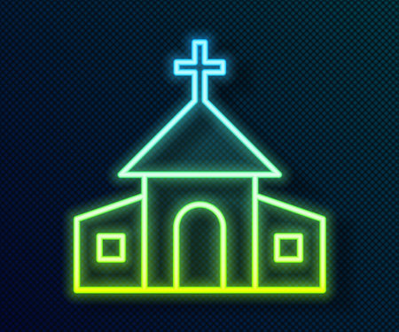 Glowing neon line Church building icon isolated on black background. Christian Church. Religion of church. Vectorのイラスト素材