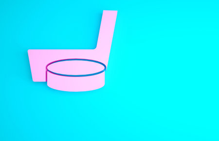 Pink Ice hockey stick and puck icon isolated on blue background. Minimalism concept. 3d illustration 3D renderの写真素材