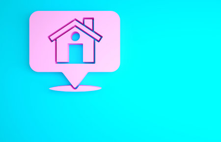 Pink Map pointer with house icon isolated on blue background. Home location marker symbol. Minimalism concept. 3d illustration 3D renderの写真素材