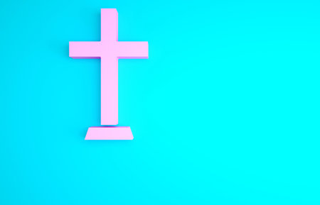 Pink Christian cross icon isolated on blue background. Church cross. Minimalism concept. 3d illustration 3D renderの写真素材