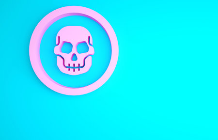 Pink Mexican skull coin icon isolated on blue background. Minimalism concept. 3d illustration 3D renderの写真素材