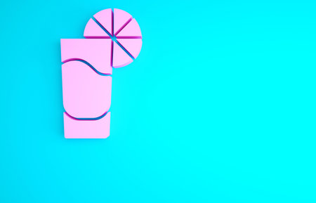 Pink Tequila glass with lemon icon isolated on blue background. Mexican alcohol drink. Minimalism concept. 3d illustration 3D renderの写真素材