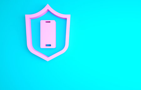 Pink Smartphone, mobile phone with security shield icon isolated on blue background. Security, safety, protection concept. Minimalism concept. 3d illustration 3D renderの写真素材