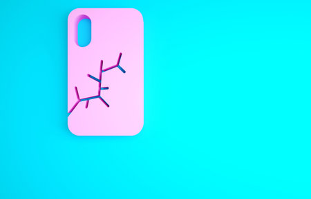 Pink Smartphone with broken screen icon isolated on blue background. Shattered phone screen icon. Minimalism concept. 3d illustration 3D renderの写真素材