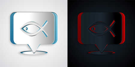 Paper cut Christian fish symbol icon isolated on grey and black background. Jesus fish symbol. Paper art style. Vectorのイラスト素材