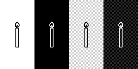 Set line Burning candle icon isolated on black and white,transparent background. Cylindrical candle stick with burning flame. Vectorのイラスト素材