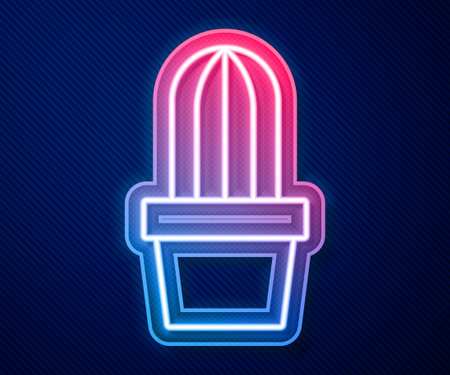 Glowing neon line Cactus and succulent in pot icon isolated on blue background. Plant growing in a pot. Potted plant sign. Vectorのイラスト素材