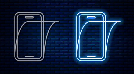 Glowing neon line Glass screen protector for smartphone icon isolated on brick wall background. Protective film for glass. Transparent soft glass for mobile phone. Vectorのイラスト素材