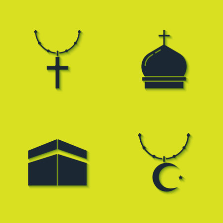 Set Christian cross on chain, Star and crescent, Kaaba mosque and Church tower icon. Vectorのイラスト素材