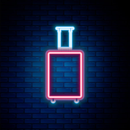 Glowing neon line Travel suitcase icon isolated on brick wall background. Traveling baggage sign. Travel luggage icon. Colorful outline concept. Vectorのイラスト素材