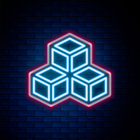 Glowing neon line Isometric cube icon isolated on brick wall background. Geometric cubes solid icon. 3D square sign. Box symbol. Colorful outline concept. Vectorのイラスト素材