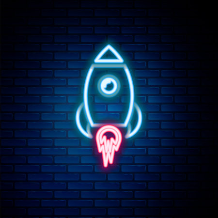 Glowing neon line Rocket ship with fire icon isolated on brick wall background. Space travel. Colorful outline concept. Vectorのイラスト素材