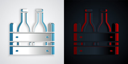 Paper cut Pack of beer bottles icon isolated on grey and black background. Wooden box and beer bottles. Case crate beer box sign. Paper art style. Vectorのイラスト素材