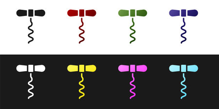 Set Wine corkscrew icon isolated on black and white background. Vectorのイラスト素材