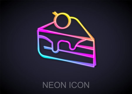 Glowing neon line Piece of cake icon isolated on black background. Happy Birthday. Vectorのイラスト素材