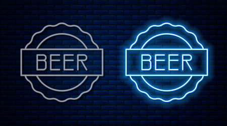 Glowing neon line Bottle cap with inscription beer icon isolated on brick wall background. Vectorのイラスト素材