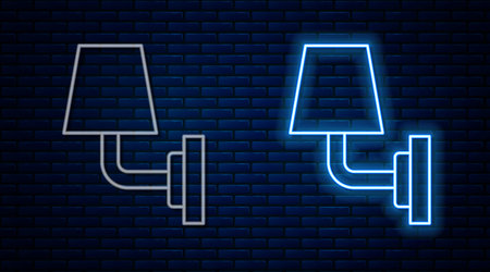 Glowing neon line Wall lamp or sconce icon isolated on brick wall background. Wall lamp light. Vectorのイラスト素材