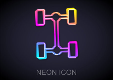 Glowing neon line Chassis car icon isolated on black background. Vectorのイラスト素材