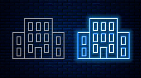 Glowing neon line House icon isolated on brick wall background. Home symbol. Vectorのイラスト素材