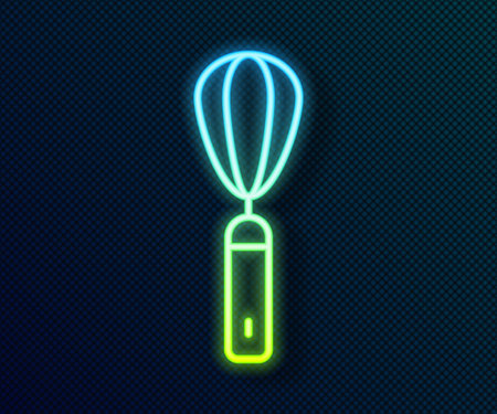 Glowing neon line Kitchen whisk icon isolated on black background. Cooking utensil, egg beater. Cutlery sign. Food mix symbol. Vectorのイラスト素材