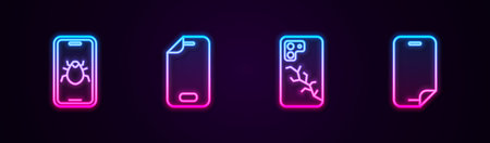 Set line System bug on mobile, Glass screen protector, Mobile with broken and . Glowing neon icon. Vectorのイラスト素材