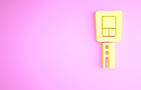 Yellow Car key with remote icon isolated on pink background. Car key and alarm system. Minimalism concept. 3d illustration 3D renderの写真素材