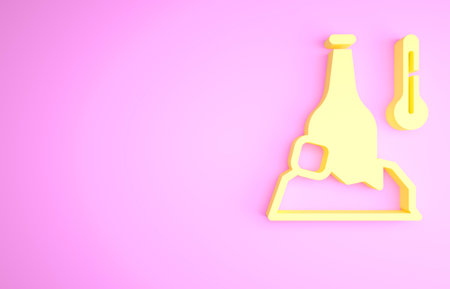 Yellow Cold beer bottle icon isolated on pink background. Minimalism concept. 3d illustration 3D renderの写真素材
