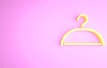Yellow Hanger wardrobe icon isolated on pink background. Cloakroom icon. Clothes service symbol. Laundry hanger sign. Minimalism concept. 3d illustration 3D renderの写真素材