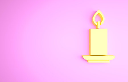 Yellow Burning candle icon isolated on pink background. Cylindrical candle stick with burning flame. Minimalism concept. 3d illustration 3D renderの写真素材