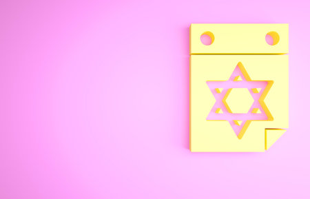 Yellow Jewish calendar with star of david icon isolated on pink background. Hanukkah calendar day. Minimalism concept. 3d illustration 3D renderの写真素材