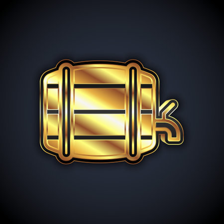 Gold Wooden barrel on rack with stopcock icon isolated on black background. Vectorのイラスト素材