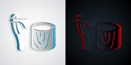 Paper cut Wooden axe in stump icon isolated on grey and black background. Lumberjack axe. Axe stuck in wood. Chopping wood. Paper art style. Vectorのイラスト素材