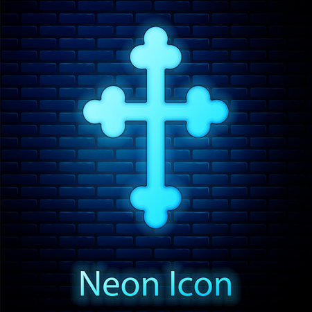 Glowing neon Christian cross icon isolated on brick wall background. Church cross. Vectorのイラスト素材