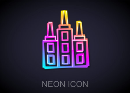 Glowing neon line Skyscraper icon isolated on black background. Metropolis architecture panoramic landscape. Vectorのイラスト素材