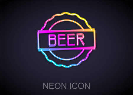 Glowing neon line Bottle cap with inscription beer icon isolated on black background. Vectorのイラスト素材