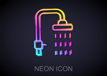 Glowing neon line Shower head with water drops flowing icon isolated on black background. Vectorのイラスト素材