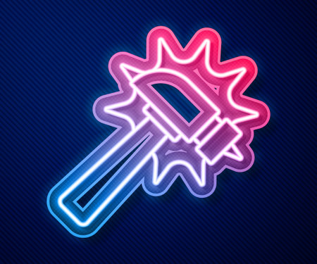 Glowing neon line Hammer icon isolated on blue background. Tool for repair. Vectorのイラスト素材