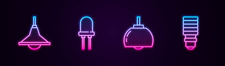 Set line Chandelier, Light emitting diode, and LED light bulb. Glowing neon icon. Vectorのイラスト素材
