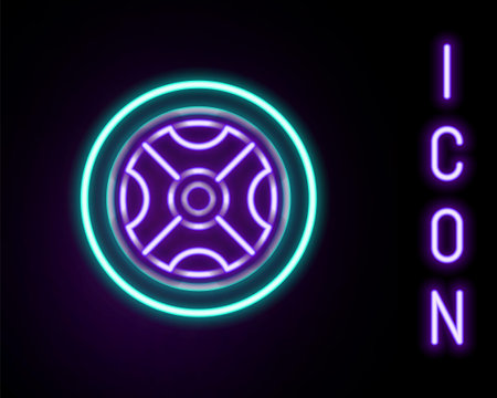 Glowing neon line Car wheel icon isolated on black background. Colorful outline concept. Vectorのイラスト素材