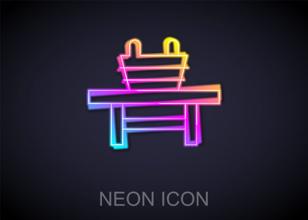 Glowing neon line Sauna bench with bucket icon isolated on black background. Vectorのイラスト素材