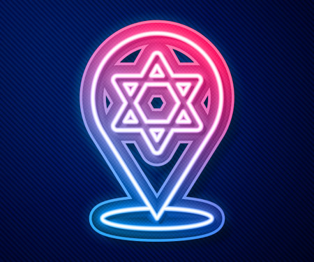 Glowing neon line Star of David icon isolated on blue background. Jewish religion symbol. Symbol of Israel. Vectorのイラスト素材