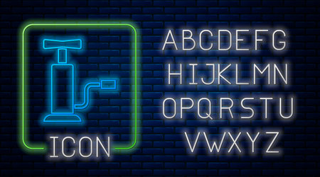 Glowing neon Car air pump icon isolated on brick wall background. Neon light alphabet. Vectorのイラスト素材