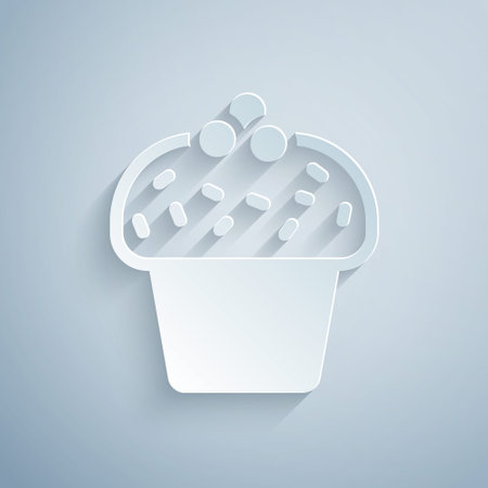 Paper cut Cake icon isolated on grey background. Happy Birthday. Paper art style. Vectorのイラスト素材