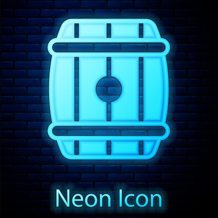 Glowing neon Wooden barrel icon isolated on brick wall background. Alcohol barrel, drink container, wooden keg for beer, whiskey, wine. Vectorのイラスト素材