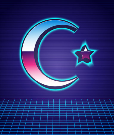Retro style Star and crescent - symbol of Islam icon isolated futuristic landscape background. Religion symbol. 80s fashion party. Vectorのイラスト素材
