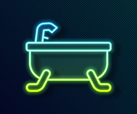 Glowing neon line Bathtub icon isolated on black background. Vectorのイラスト素材