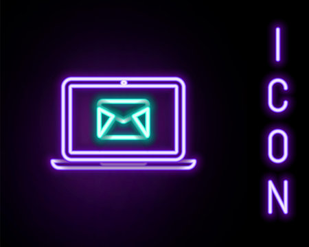 Glowing neon line Laptop with envelope and open email on screen icon isolated on black background. Email marketing, internet advertising concepts. Colorful outline concept. Vectorのイラスト素材