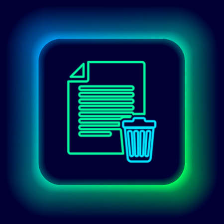 Glowing neon line Delete file document icon isolated on black background. Paper sheet with recycle bin sign. Rejected document icon. Cross on paper. Colorful outline concept. Vectorのイラスト素材
