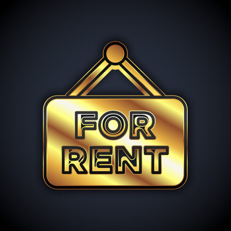Gold Hanging sign with text For Rent icon isolated on black background. Signboard with text For Rent. Vectorのイラスト素材